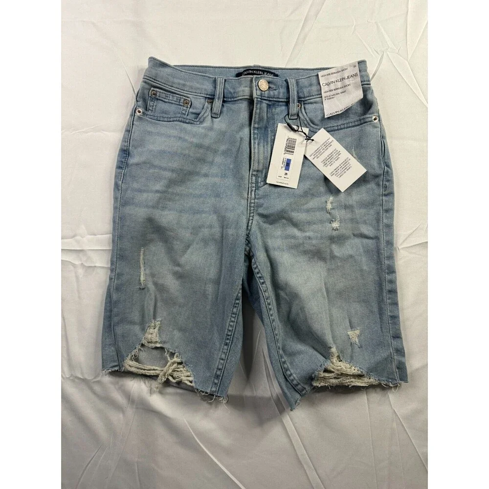 Calvin Klein Jeans Short Womens Size 25 Bermuda High Rise Blue Distressed NWT - Picture 1 of 7
